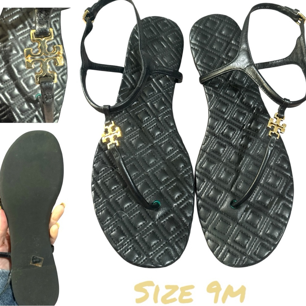 Tory Burch Black and Gold T Strap Sandals with Elegant Design